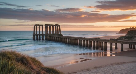 Wall Mural - serene port willunga beach at sunset featuring jetty ruins with tranquil ocean waves and empty space