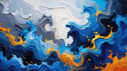 Wall Mural - Dynamic abstract painting texture with vibrant blue gray white and orange colors showcasing fluid movement and creative expression.