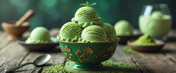 Wall Mural - Delicious Matcha Ice Cream Scoops in Decorative Bowl with Green Tea Powder on Rustic Wooden Table Perfect for Gourmet Dessert Promotion