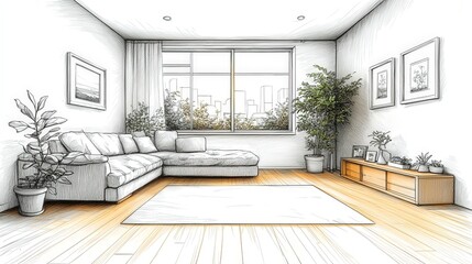 Wall Mural - Cozy living room with a sectional sofa, plants, and a view of a city skyline through the window