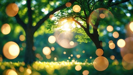Wall Mural - golden bokeh circles under a green tree with sunlight filtering through creating an enchanting abstr