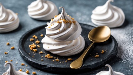 Canvas Print - Delicate White Meringue Dessert with Golden Spoon on Slate Plate Surrounded by Sweet Crumbs and Empty Space for Text