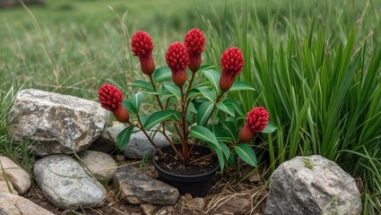 Wall Mural - Syzygium myrtifolium plant with striking red flower clusters surrounded by natural stones and grass in a lush outdoor setting.