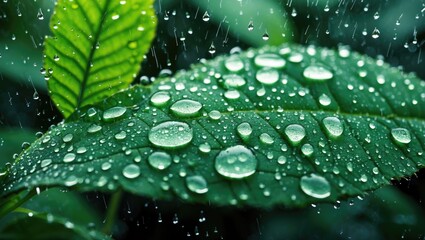 Wall Mural - water droplets on vibrant green leaves with blurred rain in the background creating a serene and ref