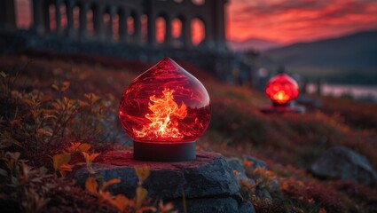 Wall Mural - illuminated glass orb with red flame design glowing in a scenic outdoor setting during sunset captur