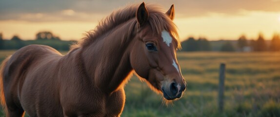 Wall Mural - wild pony portrait in soft evening light with open space for text in tranquil countryside setting