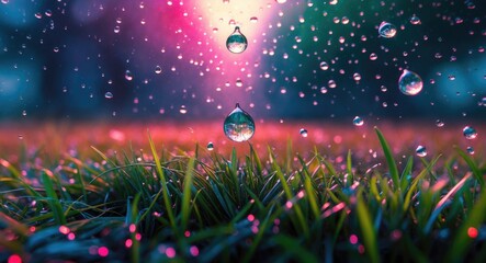 Wall Mural - dewy grass with vibrant raindrops glistening in a colorful background illustrating nature's beauty a
