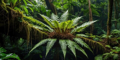 Wall Mural - epiphytic birds nest fern thriving in lush rainforest with text space showcasing long green leaves a