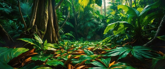 Wall Mural - lush tropical jungle floor surrounded by vibrant green leaves and sunlight with space for text overl