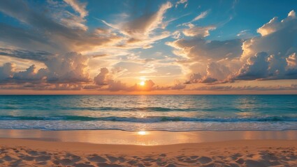 Wall Mural - cinematic summer sunset over tranquil beach with luxurious resort, showcasing vibrant clouds and ser