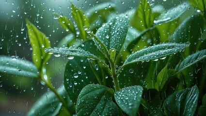 Wall Mural - lush green plant leaves adorned with raindrops glistening in soft focus during a tranquil rain showe