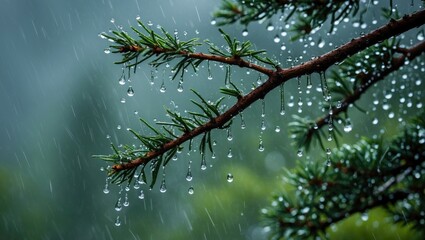 Wall Mural - raindrops glistening on pine tree branches in a tranquil forest setting during a rain shower