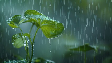 Wall Mural - drops of rainfall on fresh green leaves in a lush natural environment with a soft blurred background