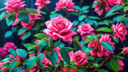 Fototapete - Vibrant pink roses surrounded by lush green leaves creating a stunning floral composition for nature and gardening themes.
