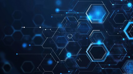 Abstract digital network background, glowing hexagons, data flow, technology concept, website banner
