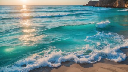 Wall Mural - Serene Turquoise Sea at Sunset with Gentle Waves and Golden Light Creating a Peaceful Summer Beach Atmosphere Ideal for Travel Inspiration