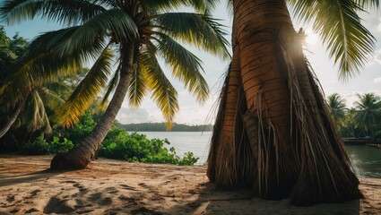 Wall Mural - Serene Beach View Framed by Lush Coconut Trees and Tranquil Waters Under a Golden Sunset