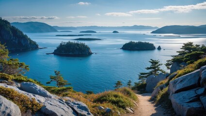 Wall Mural - Scenic Coastal View of Islands and Ocean from Hiking Trail with Lush Vegetation and Clear Skies Perfect for Nature and Travel Themes