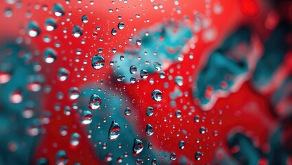 Wall Mural - Abstract water droplets on glass with vivid red background and soft light reflections creating a surreal, blurred effect.