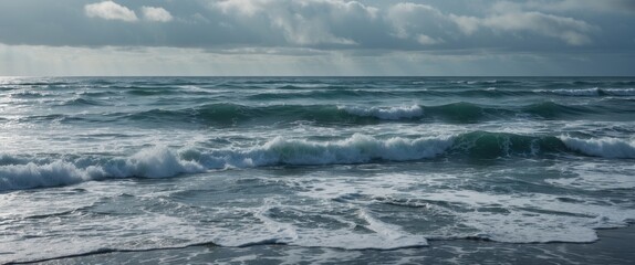 Wall Mural - Waves crashing on a shoreline under cloudy summer skies with empty space for text, evoking serenity and tranquility by the sea.