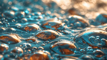 Wall Mural - Bubbles floating in a reflective water surface creating a dynamic and vibrant abstract background with vivid colors and textures.