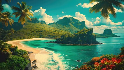 Wall Mural - Serene Tropical Island Landscape with Lush Greenery and Turquoise Waters Under a Bright Sky