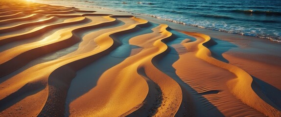 Wall Mural - Wavy patterns on sandy beach illuminated by golden sunset reflecting on the sea creating a serene landscape background texture