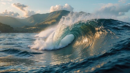 Wall Mural - Majestic ocean wave rolling towards the shore with reflected sunlight and mountains in the background creating a serene coastal landscape.