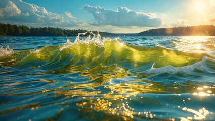 Wall Mural - Sunlit Water Waves on Lake Surface with Vibrant Reflections and Scenic Nature Background at Golden Hour