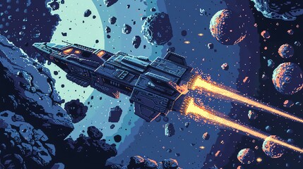 Wall Mural - pixel art of spaceships flying through an asteroid field.