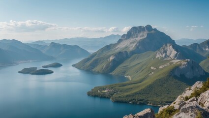 Wall Mural - Scenic Mountain View Over Tranquil Lake With Lush Greenery and Clear Blue Skies Ideal for Nature and Travel Themes