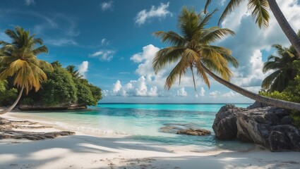 Wall Mural - Tropical Beach Paradise with Palm Trees and Crystal Clear Caribbean Sea Under Blue Sky and White Clouds on Idyllic Island Coastline