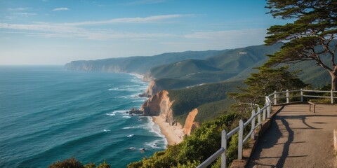 Wall Mural - Coastal View from Lookout Point with Lush Green Mountains and Calm Ocean Under Clear Blue Sky Perfect for Inspirational Text Overlay