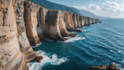 Wall Mural - Scenic coastal cliffs overlooking the tranquil sea with rolling waves and mountain backdrop under a blue sky.