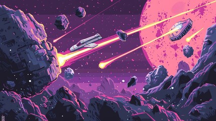 Wall Mural - pixel art of spaceships flying through an asteroid field.