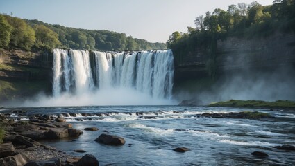 Wall Mural - Majestic waterfall cascading into serene river with lush greenery and clear sky featuring ample space for text overlay