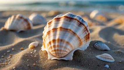 Canvas Print - Beautiful Seashells on Sandy Beach at Sunset with Soft Waves in Background for Nature or Coastal Themed Projects