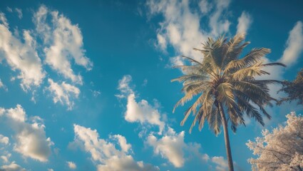 Wall Mural - Serene tropical landscape featuring a palm tree against a bright blue sky with fluffy white clouds creating a tranquil atmosphere.
