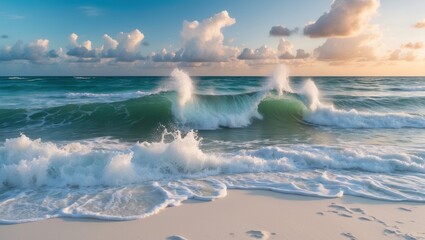 Wall Mural - Waves crashing on a serene tropical beach with soft white sand under a vibrant sky creating a tranquil ocean paradise.