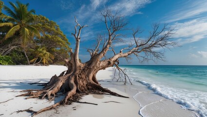 Wall Mural - Exotic coastal landscape featuring a weathered uprooted tree on a pristine sandy beach with turquoise waters and lush tropical vegetation.