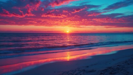 Wall Mural - Serene Beach Sunset with Vibrant Colors Reflecting on Calm Water and Dramatic Clouds