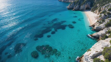 Wall Mural - Aerial view of a stunning Mediterranean beach with crystal clear turquoise waters and rocky cliffs under a sunny sky. Perfect nature landscape.