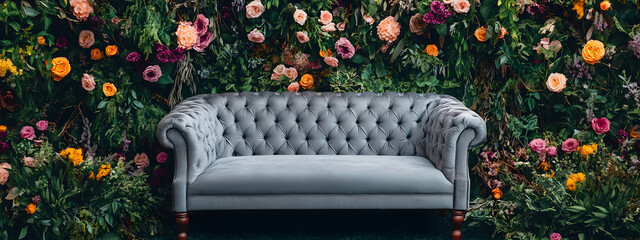 a vintage sofa with soft, velvety fabric and elegant wooden legs sits in front of an array of colorf