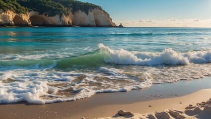 Wall Mural - Serene Beach Scene with Gentle Waves Lapping the Shore and Visitors Enjoying a Sunny Day with Clear Blue Water and Empty Space for Text.