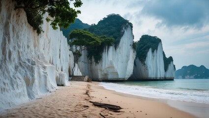 Wall Mural - Limestone cliffs rise majestically above a serene beach, surrounded by lush greenery and tranquil waters in a picturesque coastal landscape.