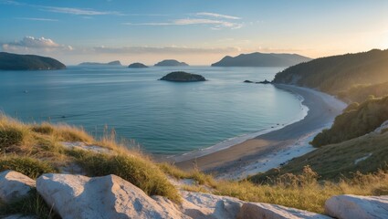 Wall Mural - Tranquil Morning Seascape With Islands Viewed From Railway Beach Surrounded By Lush Greenery And Calm Waters Under Soft Light
