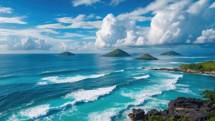 Wall Mural - Tropical Seascape with Waves and Islands under a Bright Blue Sky featuring Clouds and Copy Space for Text in the Background