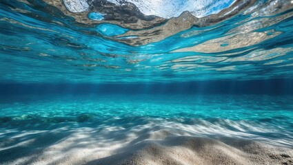 Wall Mural - Underwater Tranquility Blue Ocean View with Sandy Sea Bottom and Clear Space for Text Integration in a Wide Panorama Format