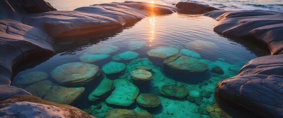 Wall Mural - Tranquil Rockpools Illuminated by Morning Sunlight Reflecting on Clear Waters and Sculpted Rocks