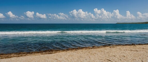 Wall Mural - Serene Coastal Landscape with Golden Sand and Turquoise Ocean Under a Clear Blue Sky